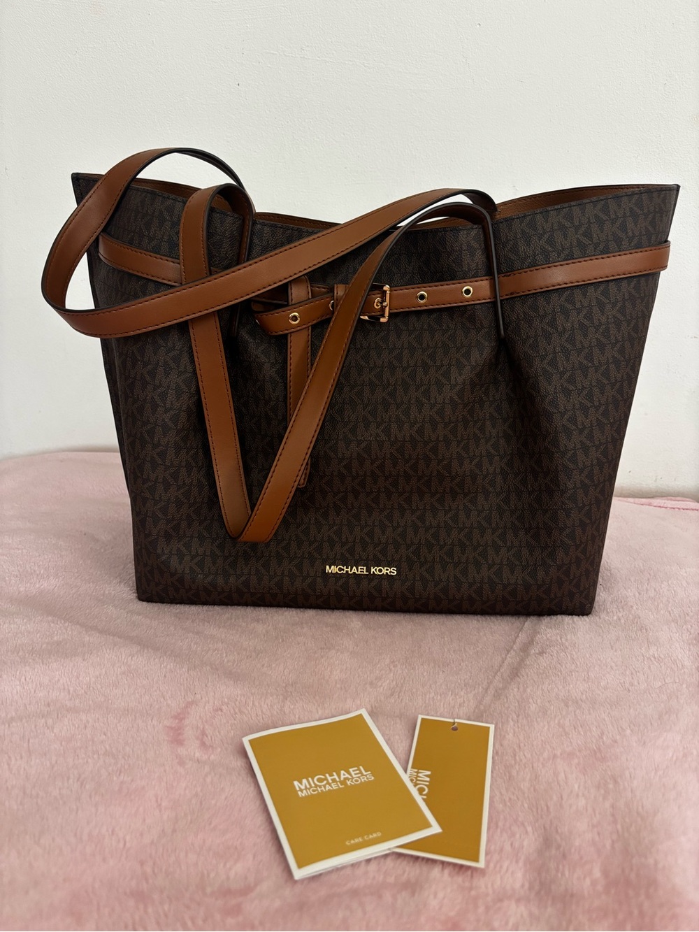 Michael Kors Brown Monogram Tote with Tan Leather Straps